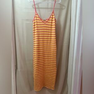ZARA Striped Knit Midi Dress Yellow Pink White Fitted Stretchy Summer S